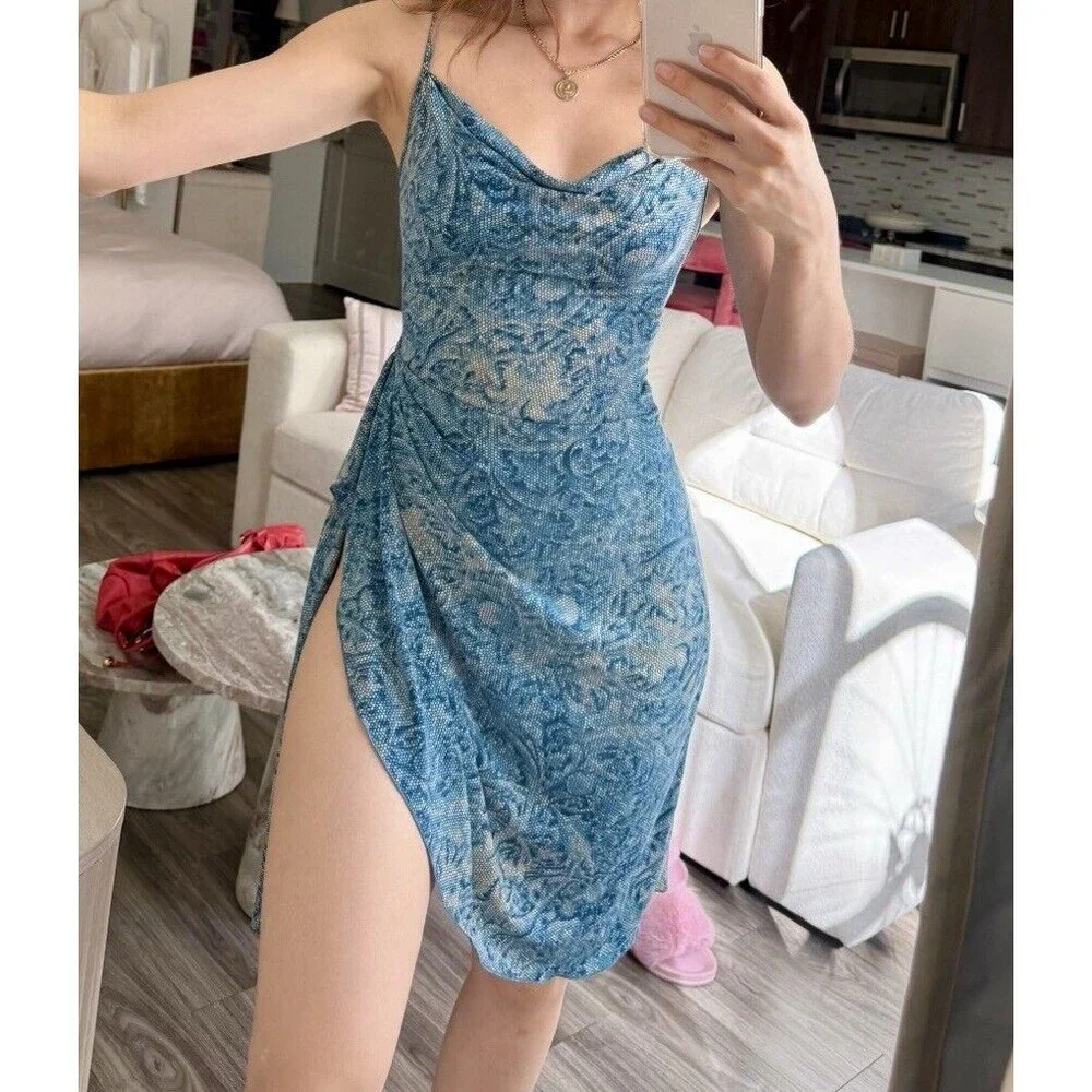 $198 BCBG MAX AZRIA WRAP DRESS WHITE BLUE Size XS High Slit - Picture 9 of 12